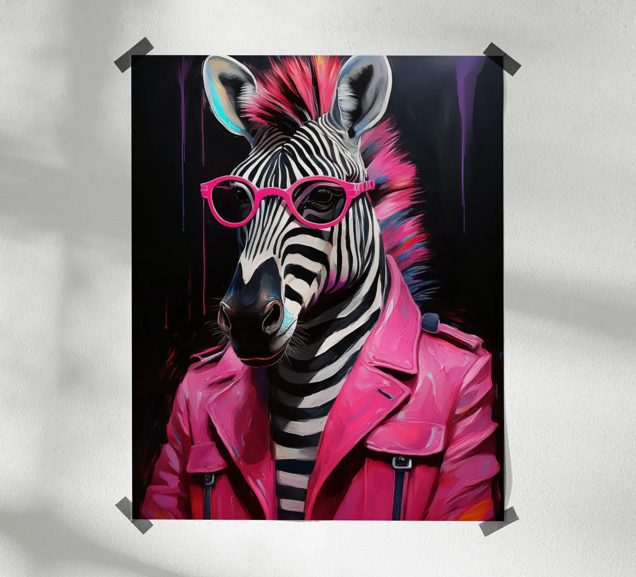 Portret popart roze zwarte zebra met zonnebril poster met houten frame van Take Your Art BV