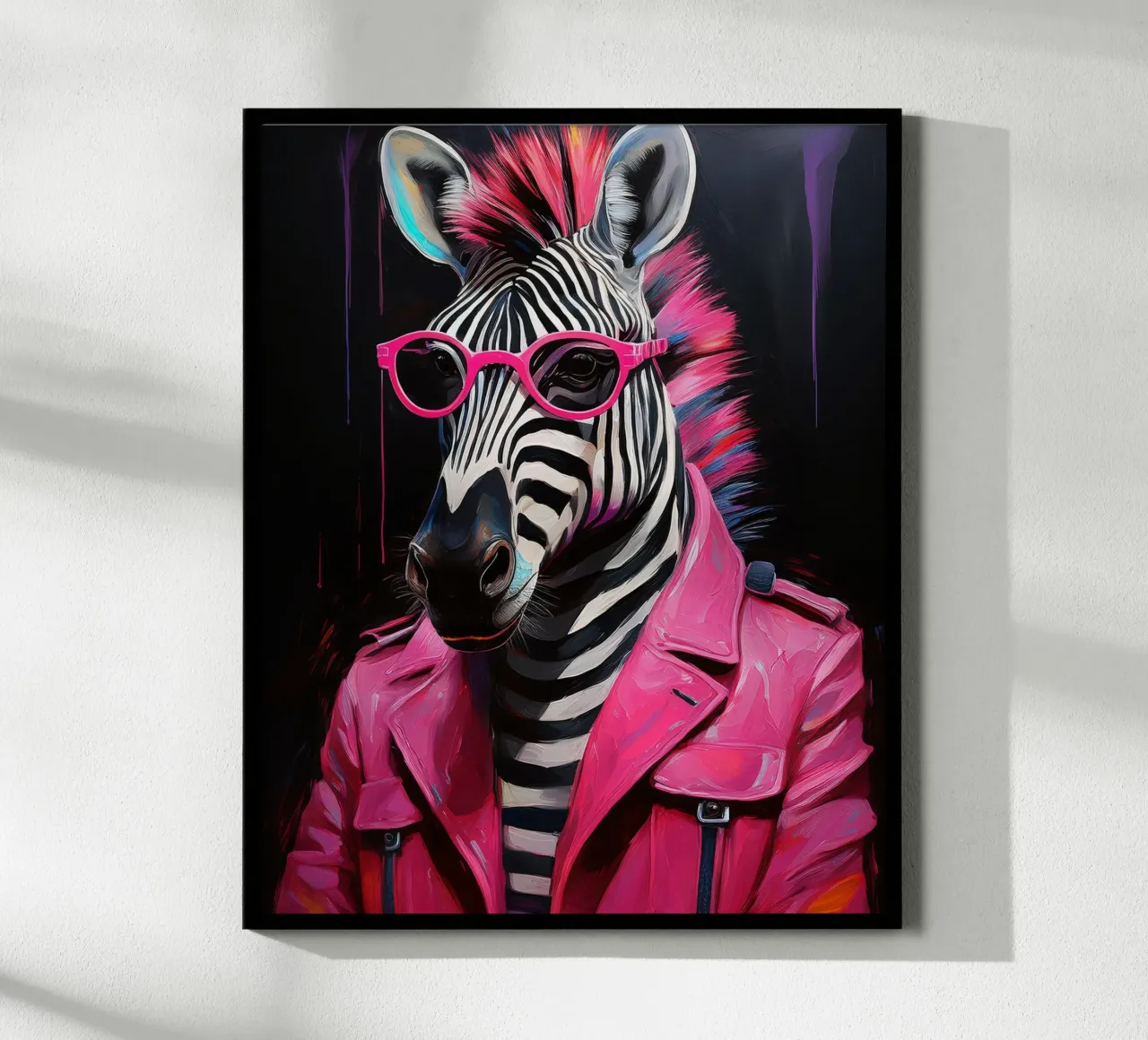 Portret popart roze zwarte zebra met zonnebril poster met houten frame van Take Your Art BV