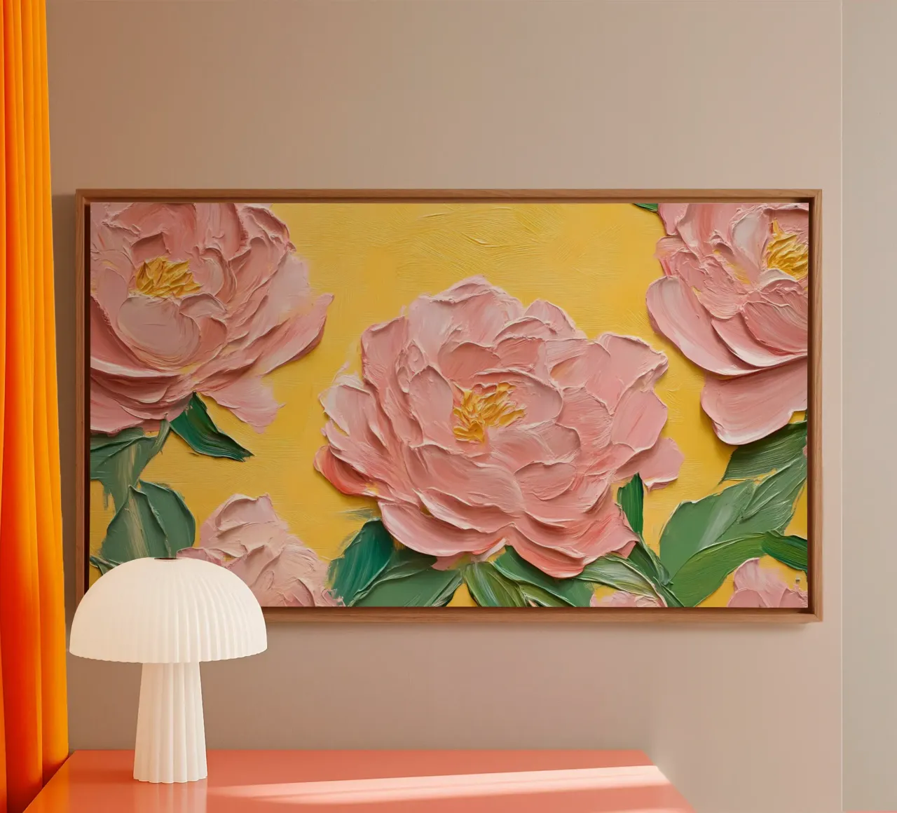 Impasto Roze Pioenbloemen - getextureerde Acryl Bloemsierkunst canvas met Baklijst van ClubArt