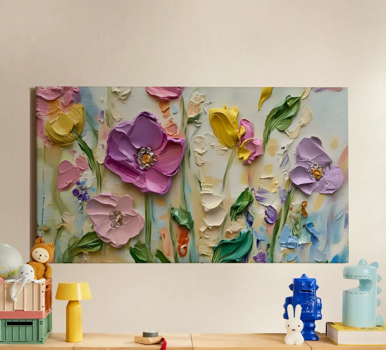 Giardino floreale strutturato - Fiori pastello in 3D Impasto tela con Cornice a cassetta da ClubArt