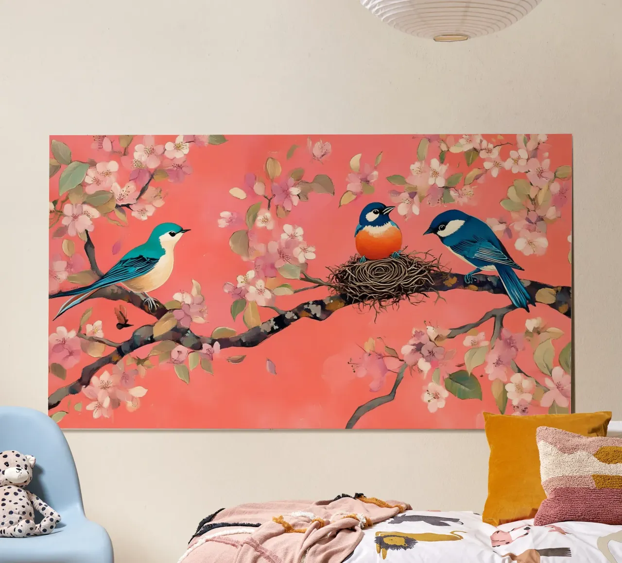 Fiori di ciliegio e uccelli - arte aviaria di primavera poster con telaio in legno da ClubArt
