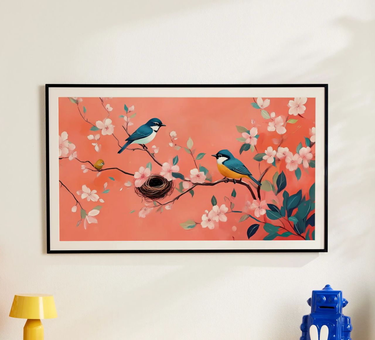 Cerezos orientales en flor y pájaros - Arte aviar sereno poster de ClubArt