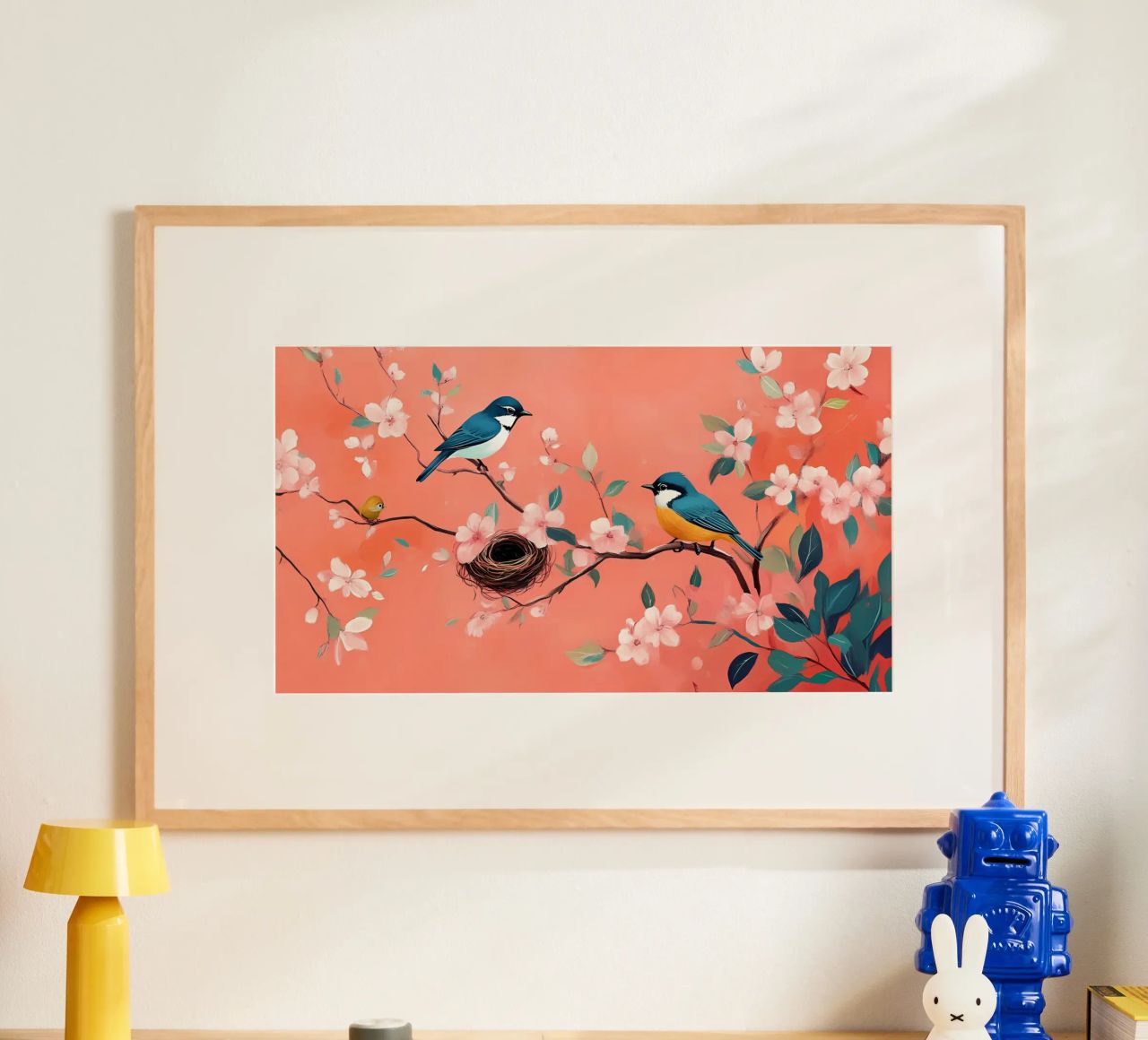 Cerezos orientales en flor y pájaros - Arte aviar sereno poster de ClubArt