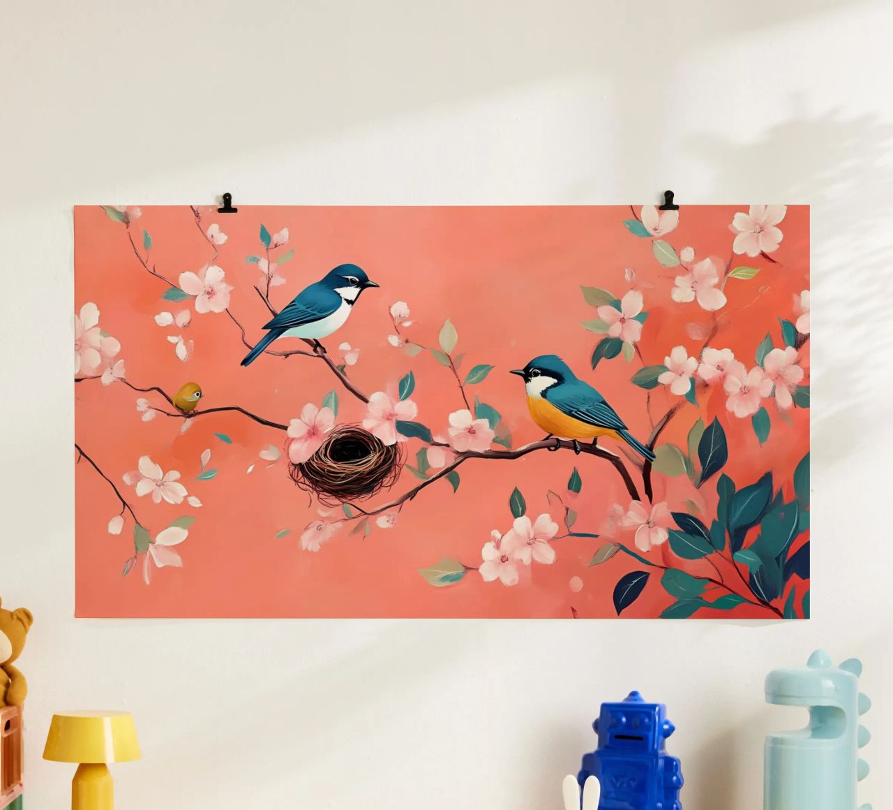Cerezos orientales en flor y pájaros - Arte aviar sereno poster de ClubArt