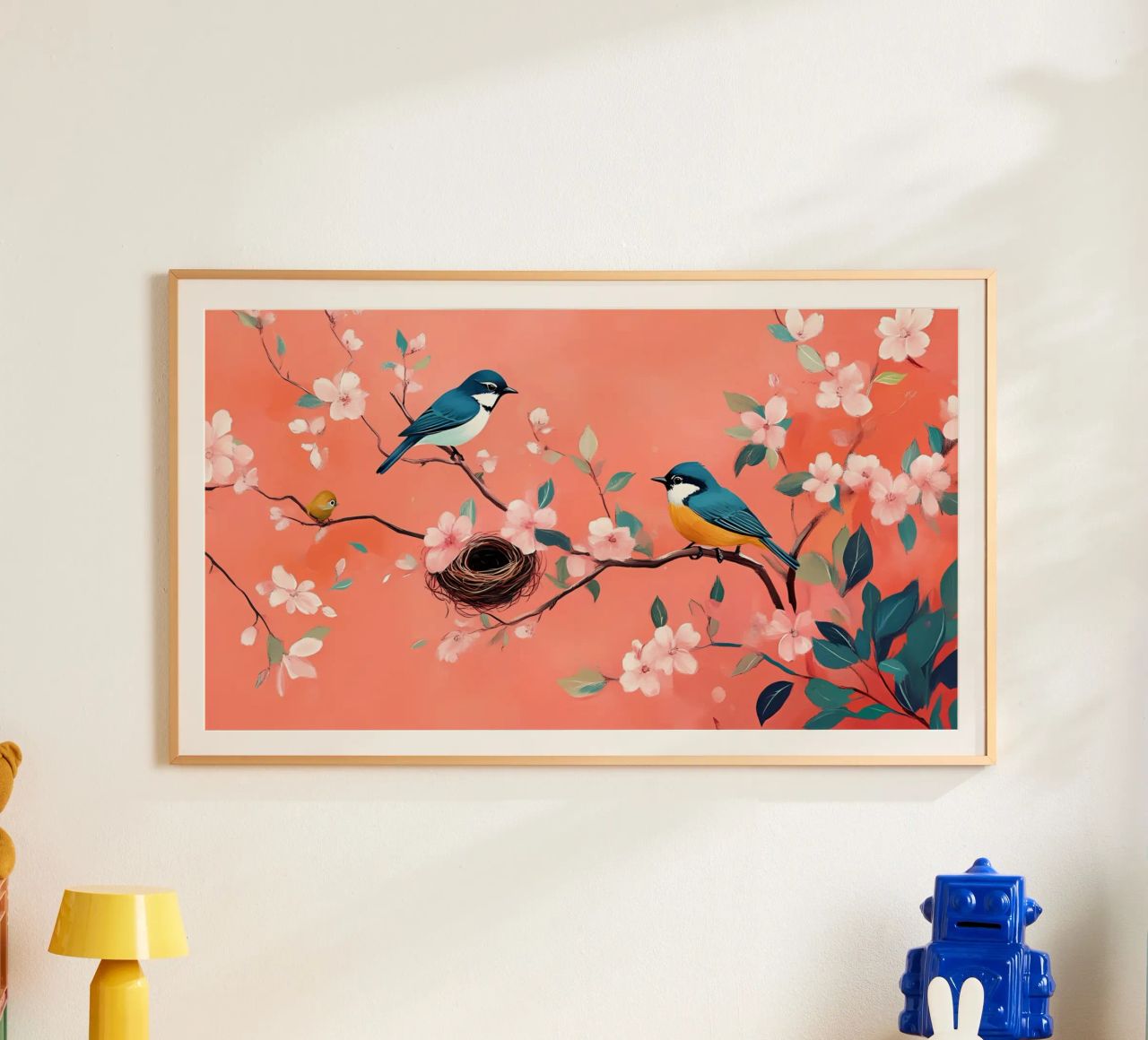 Cerezos orientales en flor y pájaros - Arte aviar sereno poster de ClubArt