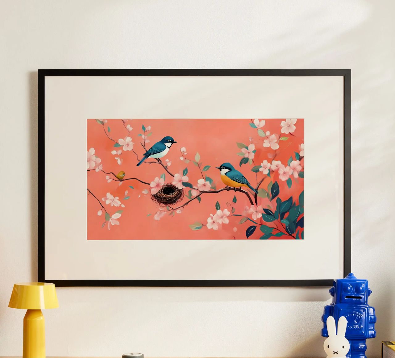 Cerezos orientales en flor y pájaros - Arte aviar sereno poster de ClubArt