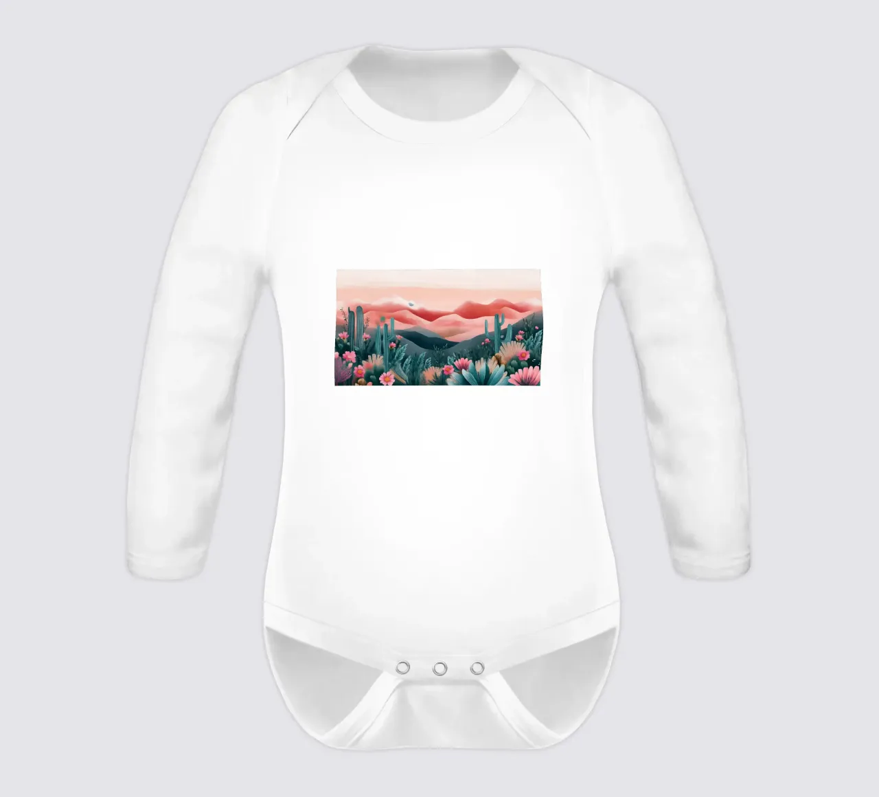 Pink Desert Dreamscape - Bohemian Cactus & Floral Art long-sleeve baby romper by ClubArt