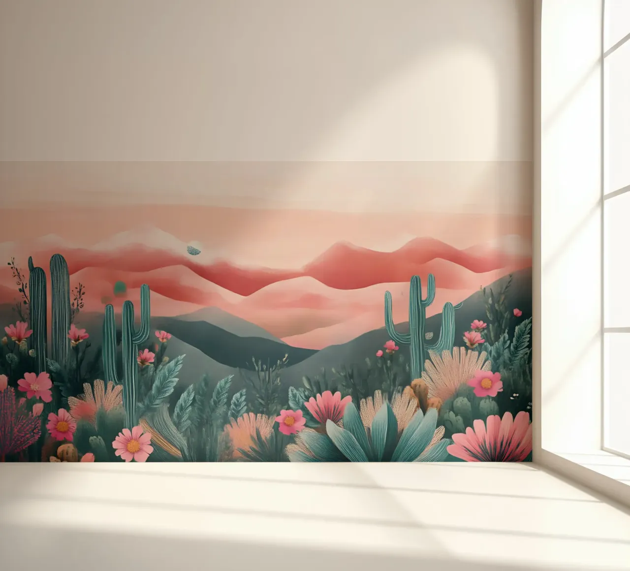 Pink Desert Dreamscape - Bohemian Cactus & Floral Art photo wallpaper by ClubArt