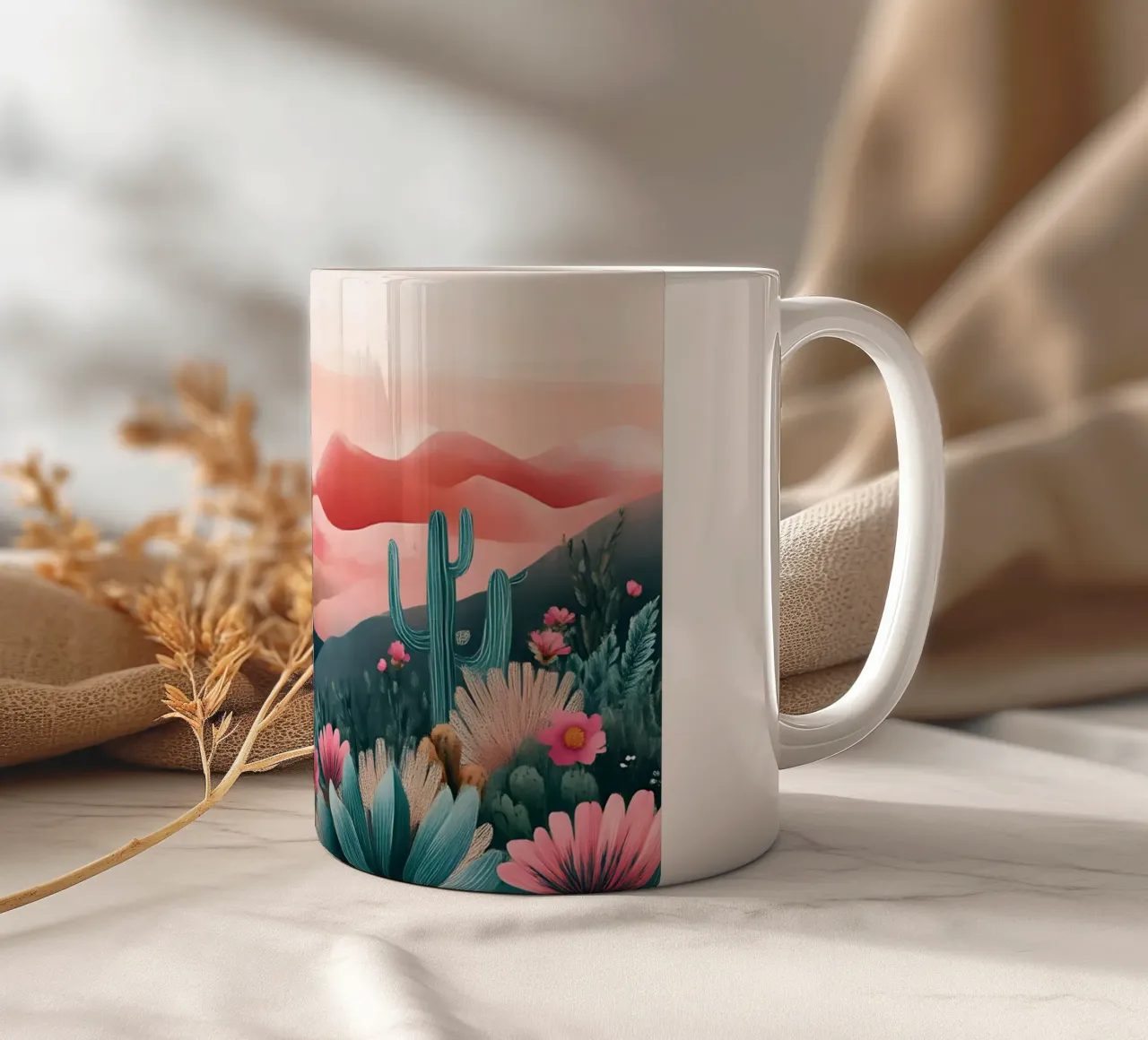 Paesaggio onirico del deserto rosa - Cactus e arte floreale bohémien tazza in ceramica da ClubArt