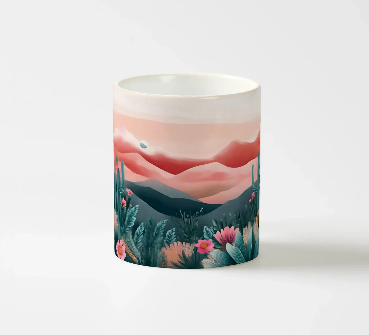 Paesaggio onirico del deserto rosa - Cactus e arte floreale bohémien tazza in ceramica da ClubArt