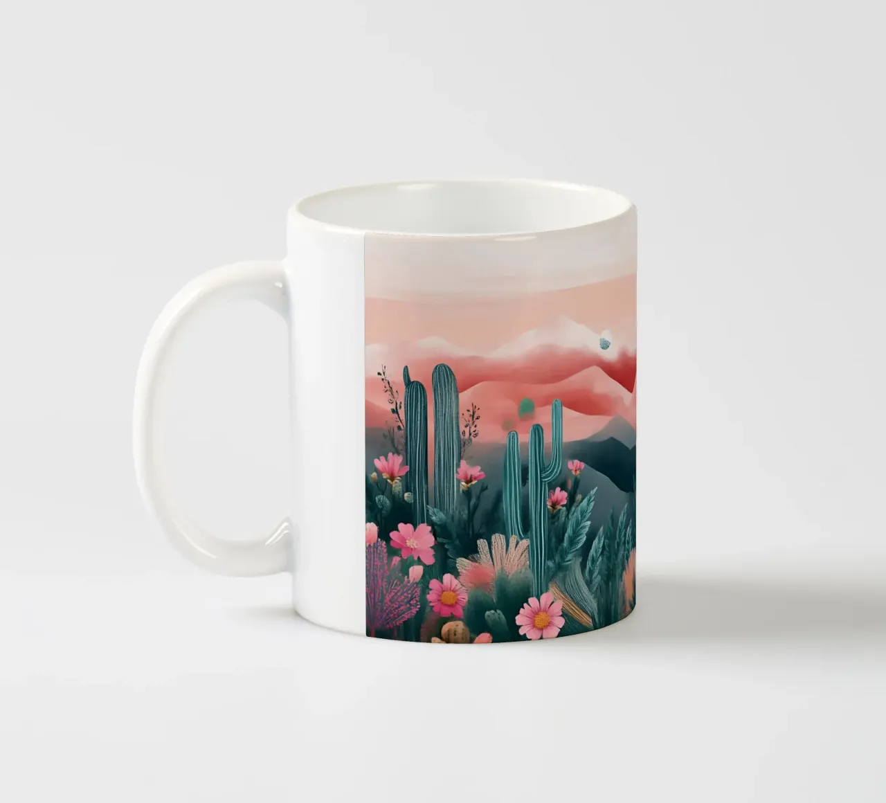 Paesaggio onirico del deserto rosa - Cactus e arte floreale bohémien tazza in ceramica da ClubArt