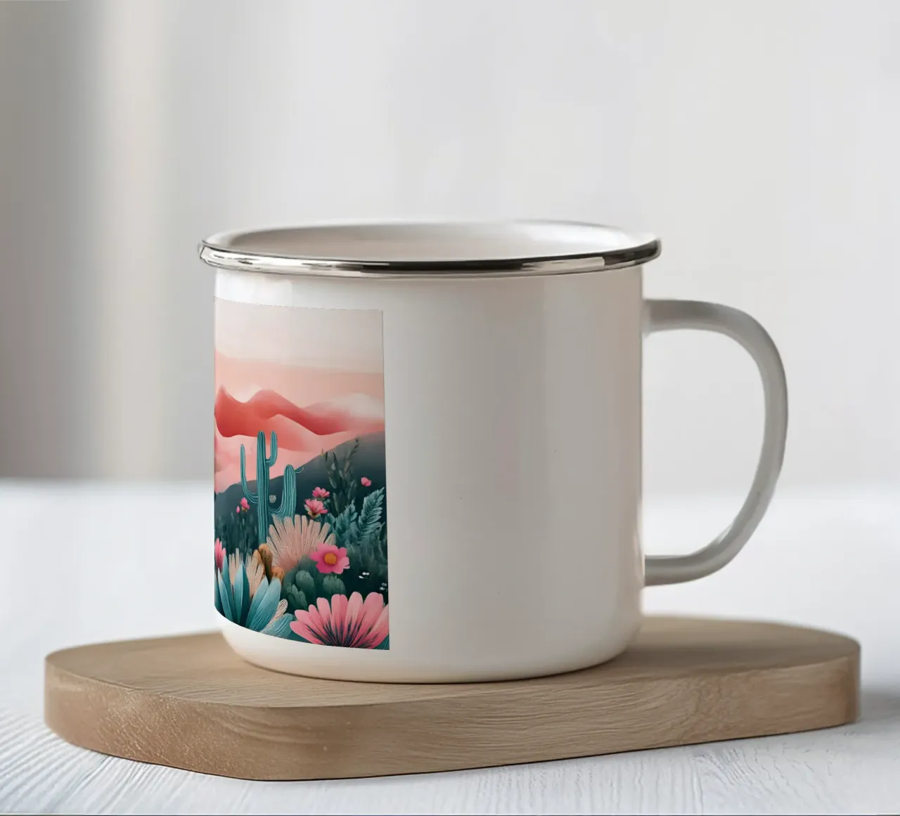 Paesaggio onirico del deserto rosa - Cactus e arte floreale bohémien tazza in smalto da ClubArt