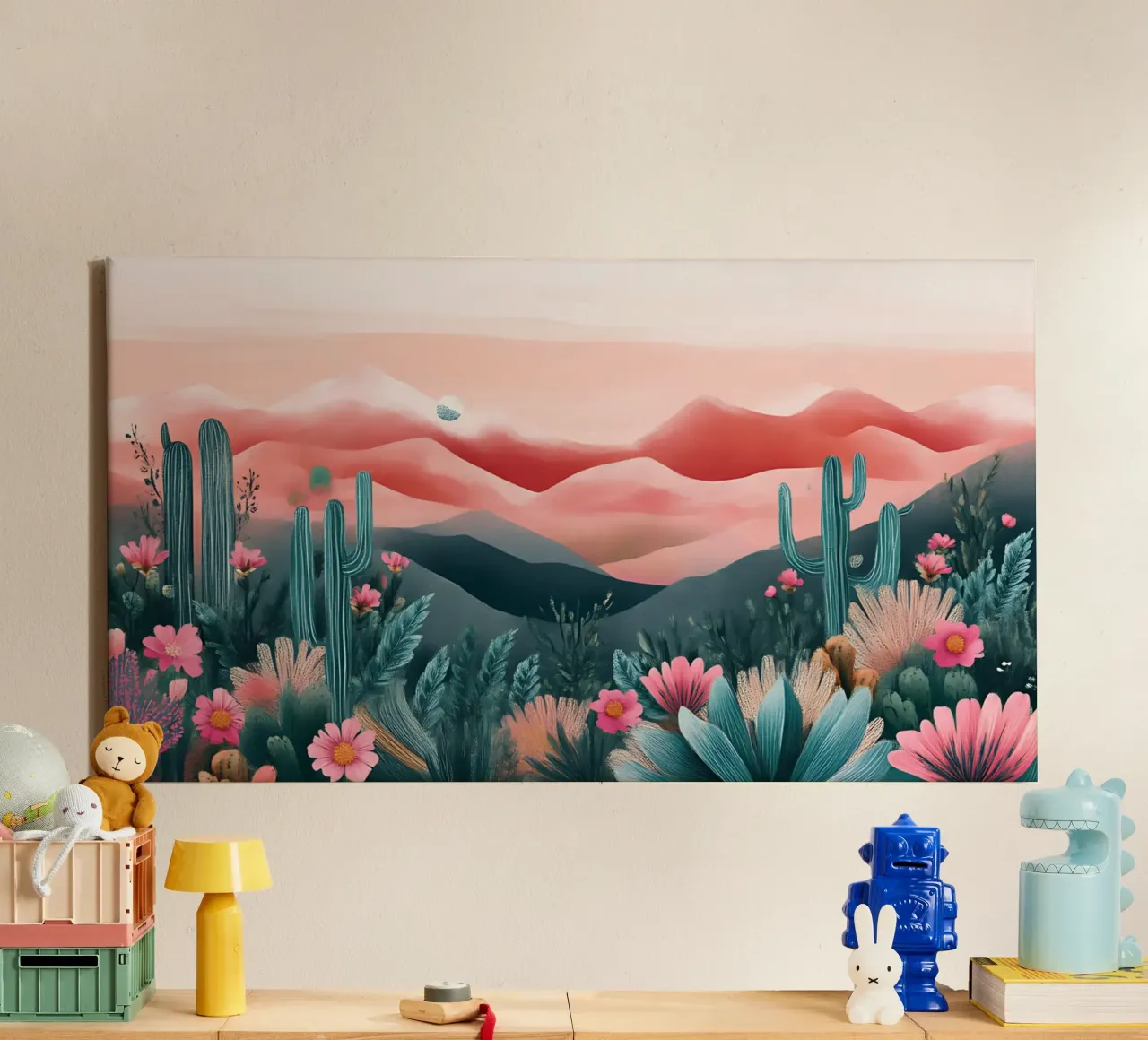 Pink Desert Dreamscape - Bohemian Cactus & Floral Art canvas by ClubArt
