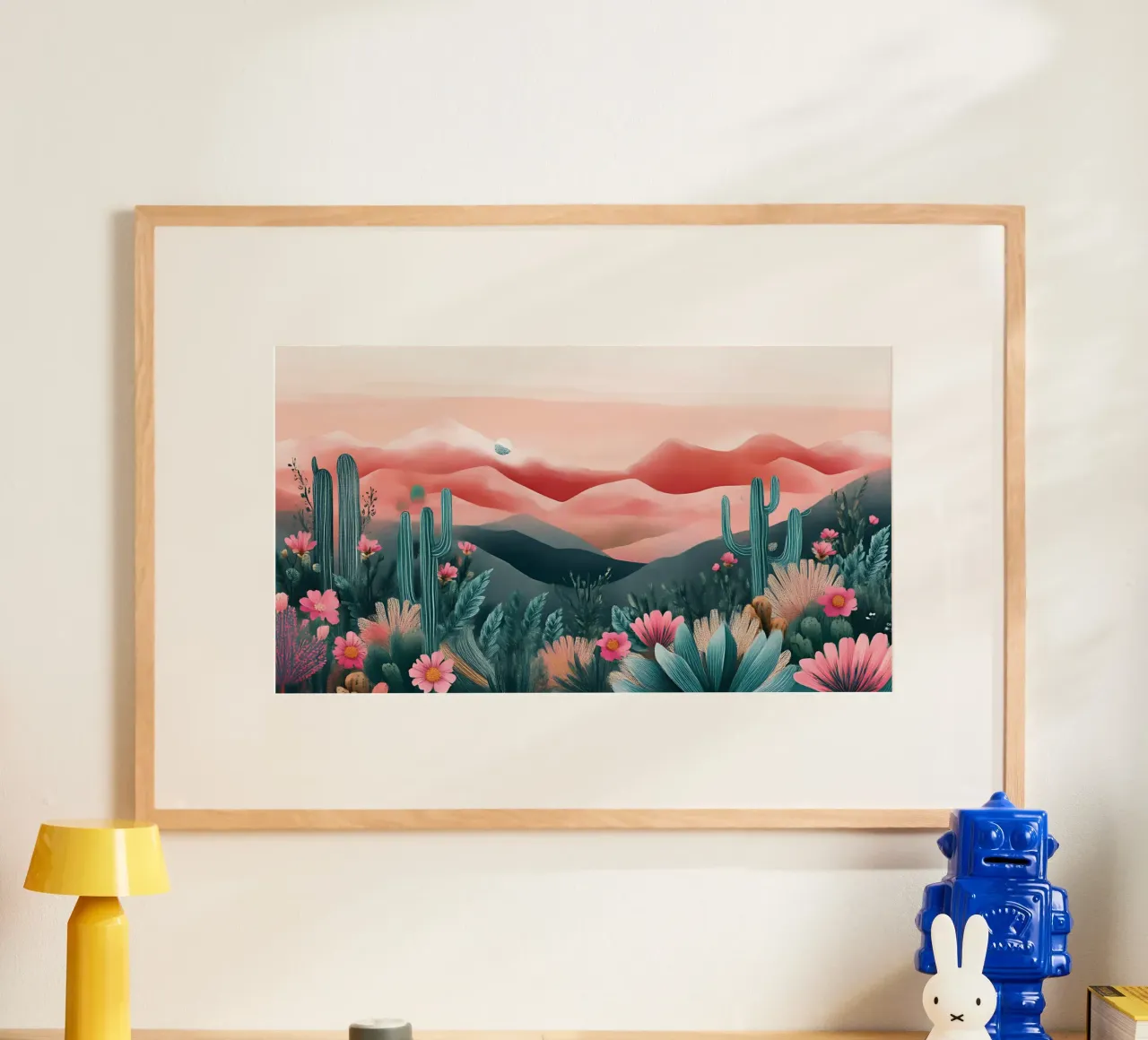 Paesaggio onirico del deserto rosa - Cactus e arte floreale bohémien poster con telaio in plastica da ClubArt