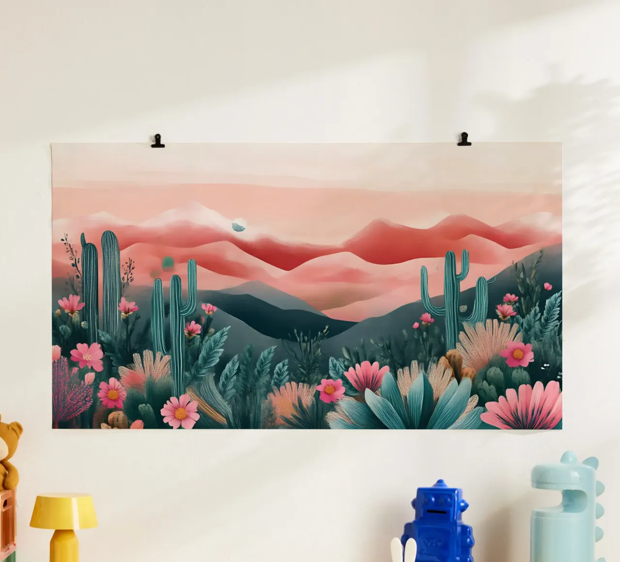 Paesaggio onirico del deserto rosa - Cactus e arte floreale bohémien poster con telaio in plastica da ClubArt