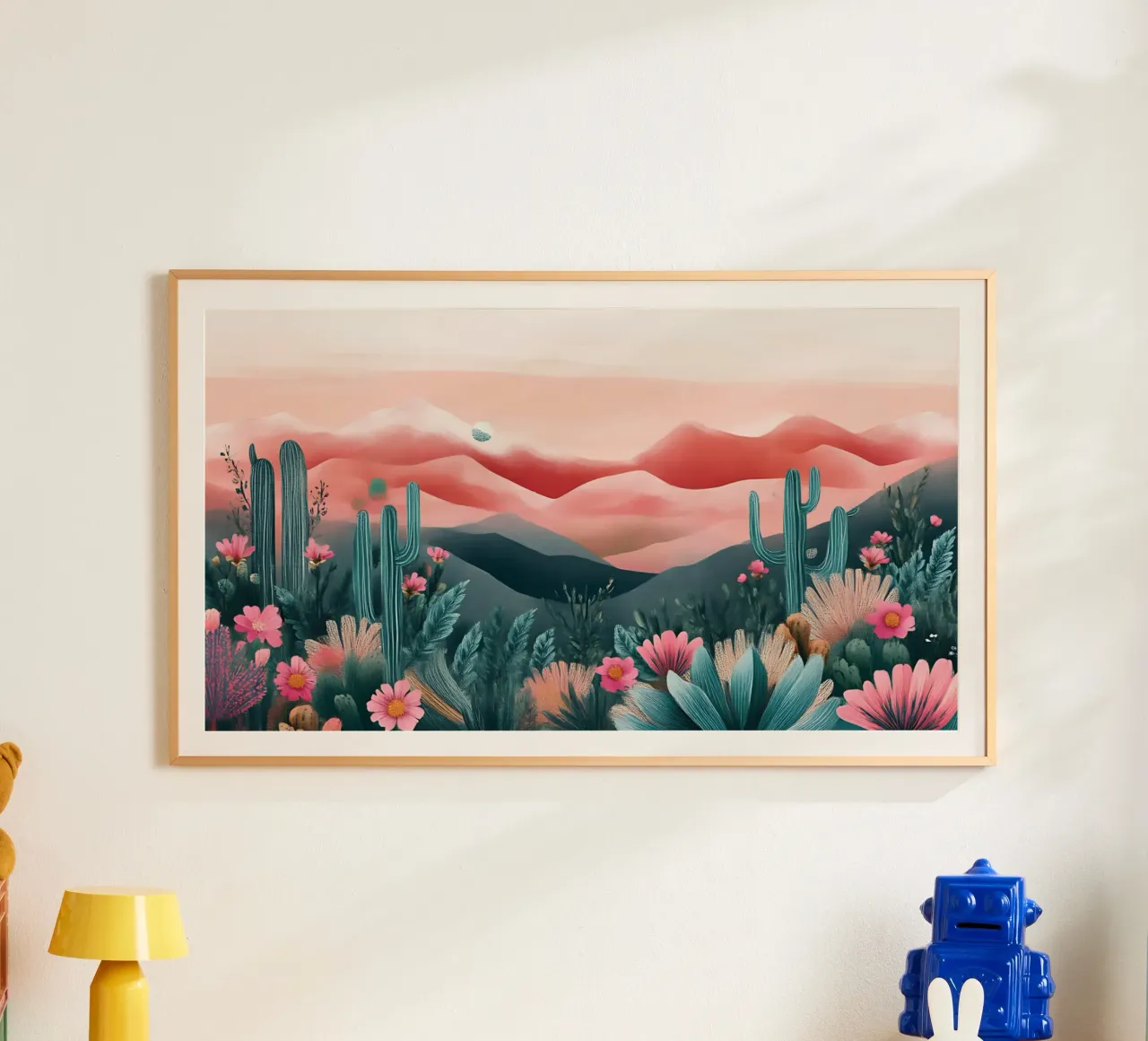 Paesaggio onirico del deserto rosa - Cactus e arte floreale bohémien poster con telaio in plastica da ClubArt