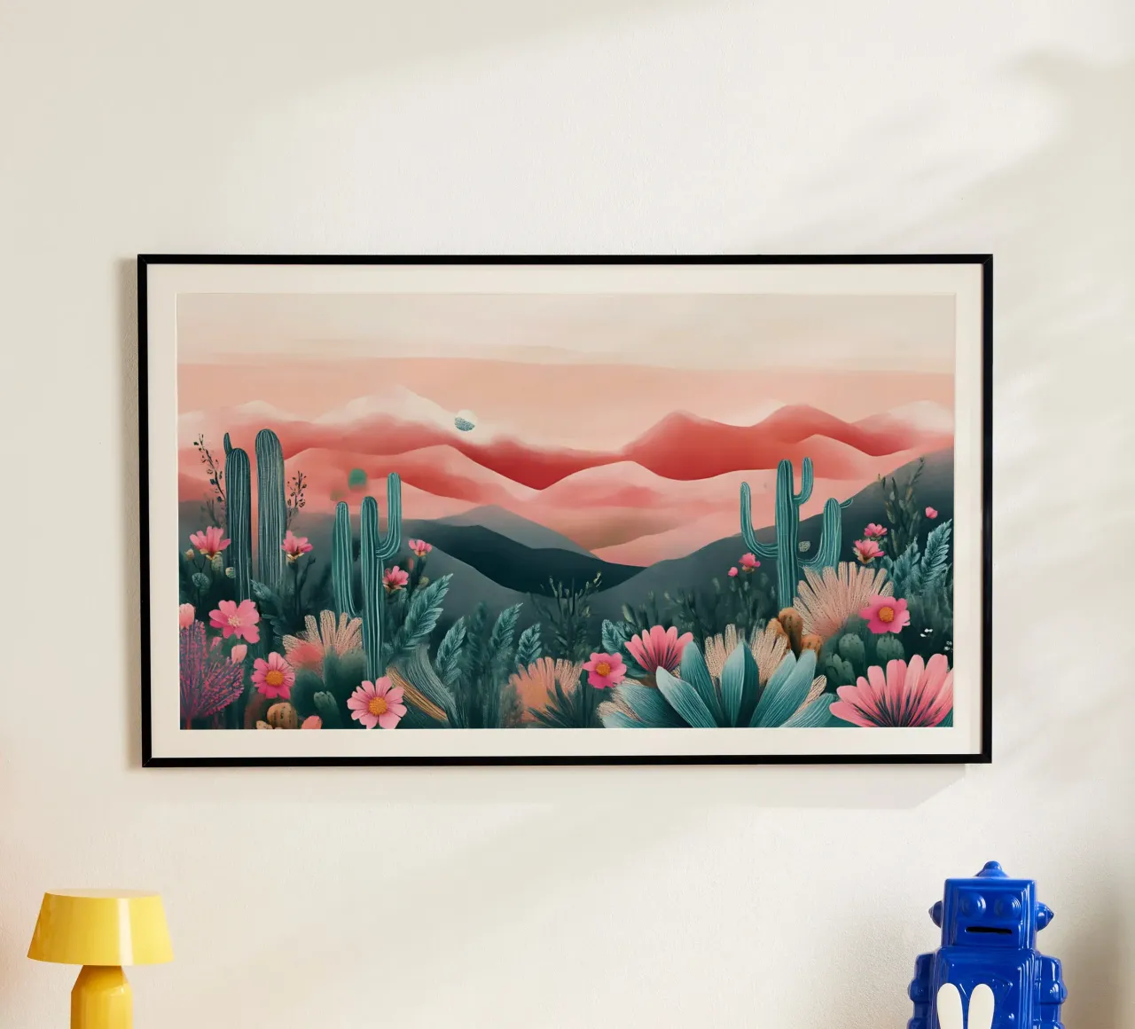 Paesaggio onirico del deserto rosa - Cactus e arte floreale bohémien poster con telaio in plastica da ClubArt