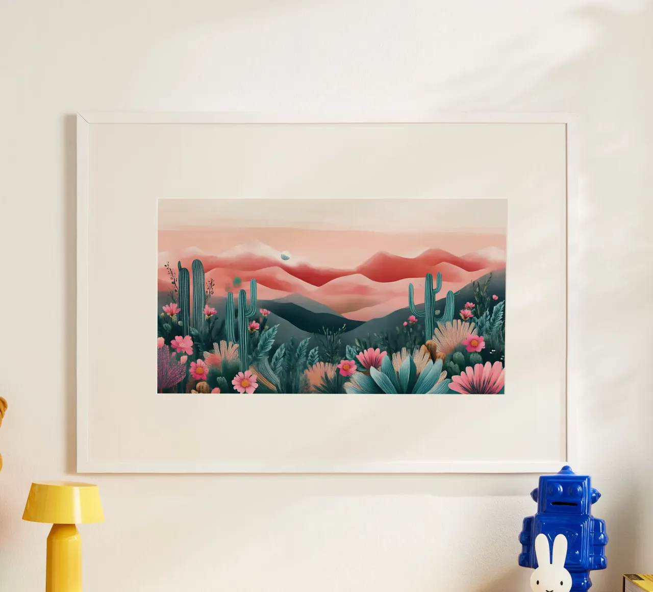 Paesaggio onirico del deserto rosa - Cactus e arte floreale bohémien poster con telaio in plastica da ClubArt