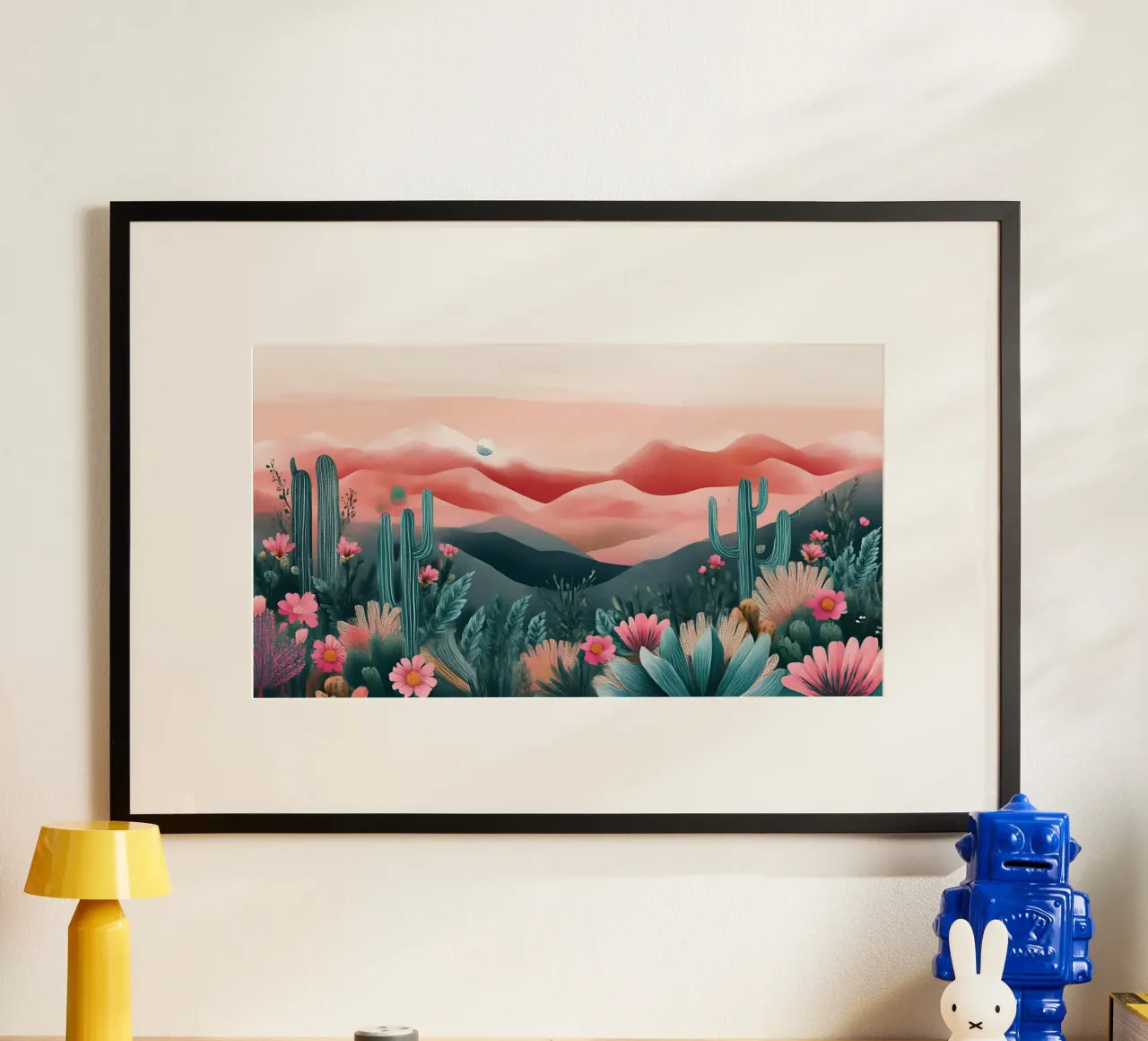 Paesaggio onirico del deserto rosa - Cactus e arte floreale bohémien poster con telaio in plastica da ClubArt