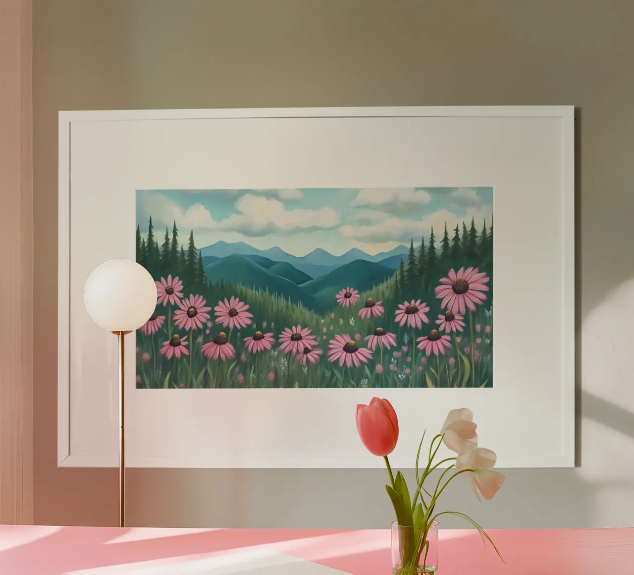 Prato di fiori rosa - Arte di montagna ispirata a Bob Ross poster con telaio in plastica da ClubArt