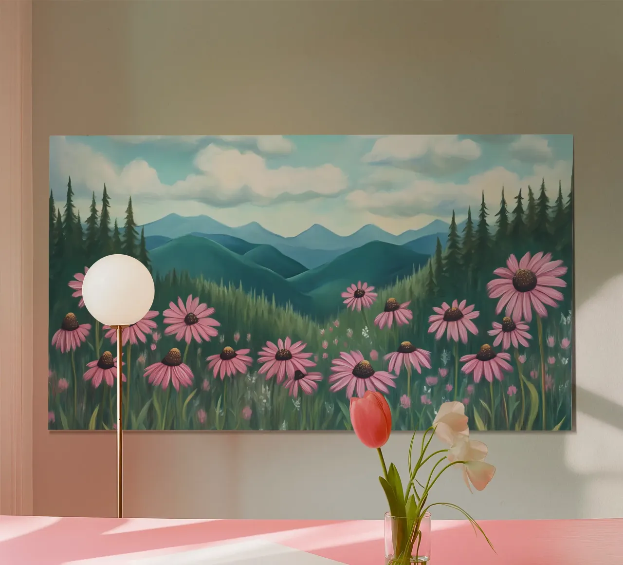 Prato di fiori rosa - Arte di montagna ispirata a Bob Ross poster con telaio in plastica da ClubArt