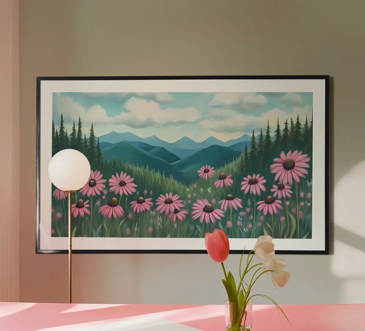 Prato di fiori rosa - Arte di montagna ispirata a Bob Ross poster con telaio in plastica da ClubArt