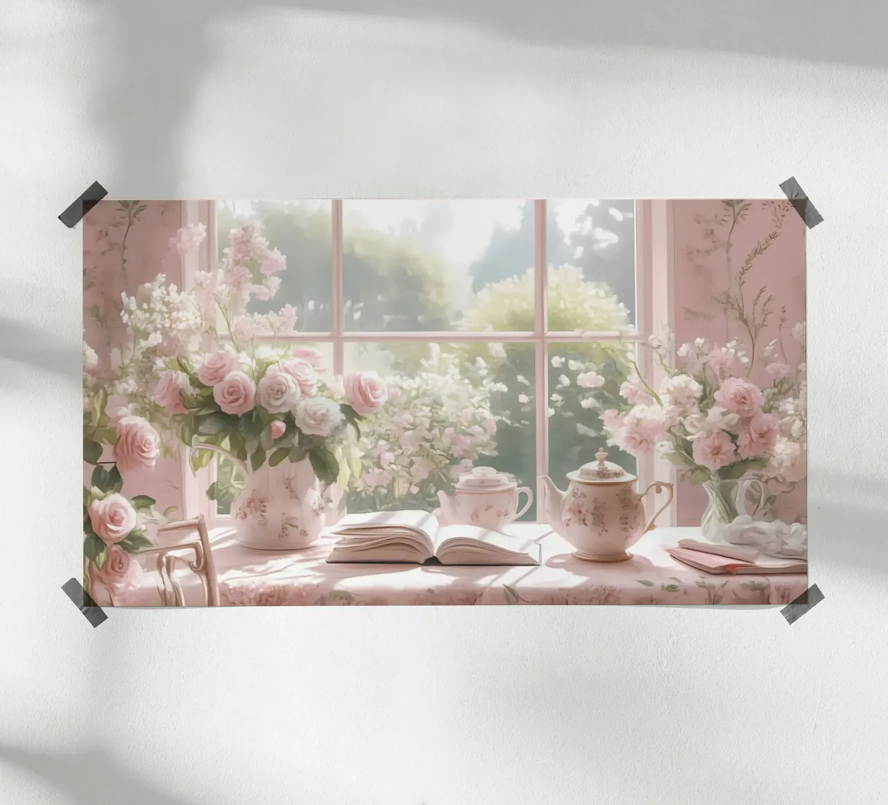 Shabby Chic Window Bloom - Romantic Pink Rose Art poster with plastic frame by ClubArt