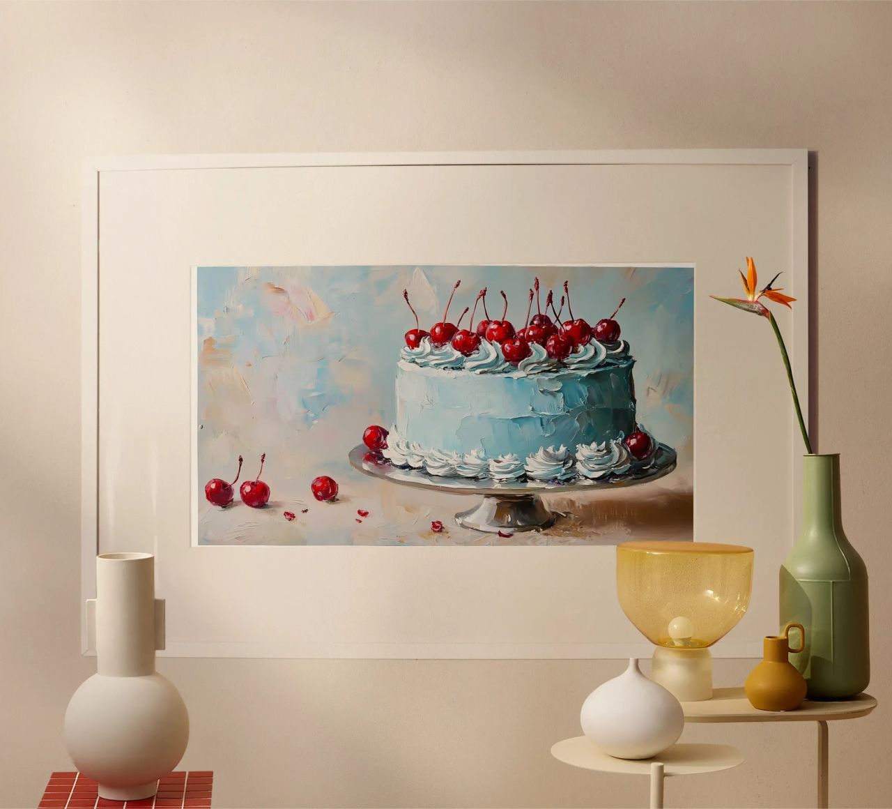 Cherry Blue Cake - Textured Impasto Dessert Art poster by ClubArt