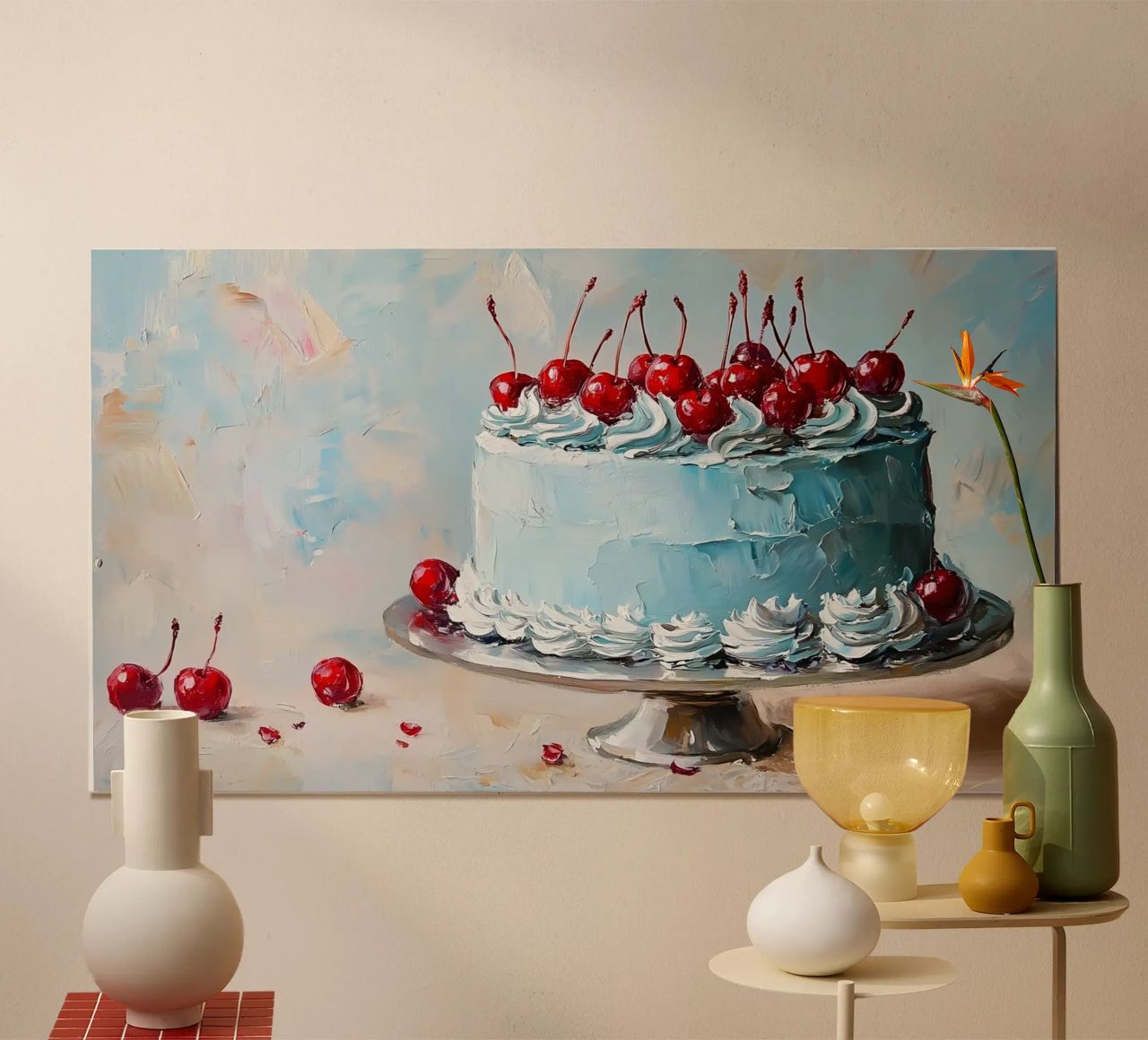 Cherry Blue Cake - Textured Impasto Dessert Art poster by ClubArt
