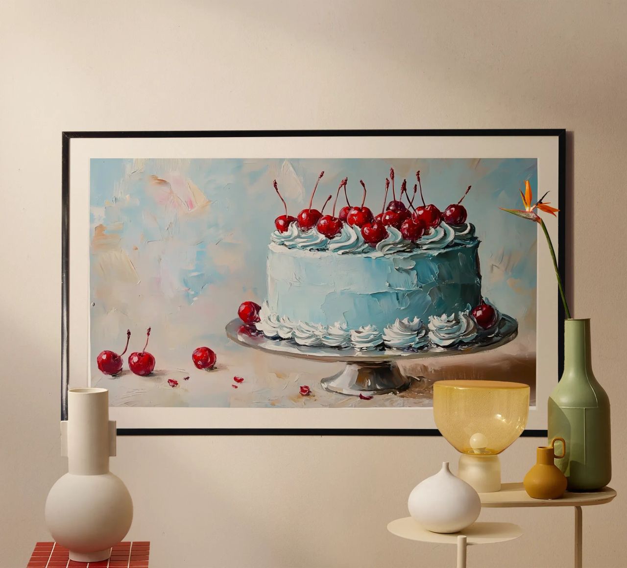 Cherry Blue Cake - Textured Impasto Dessert Art poster by ClubArt