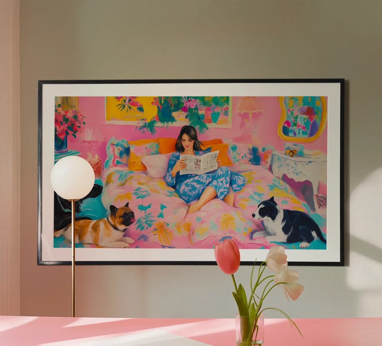 Ritiro in camera da letto rosa vibrante - Maira Kalman Style Art poster con telaio in legno da ClubArt