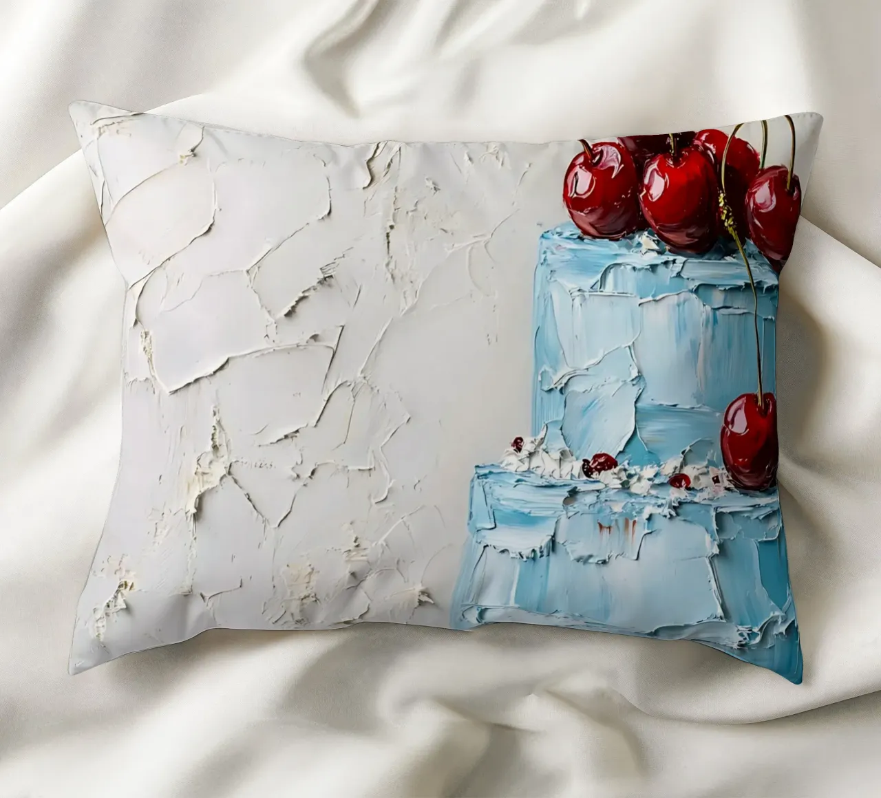 Textured Blue Cake - Impasto Cherry Delight Art decorative cushion by ClubArt