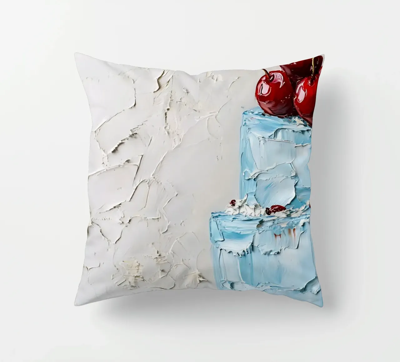 Textured Blue Cake - Impasto Cherry Delight Art decorative cushion by ClubArt