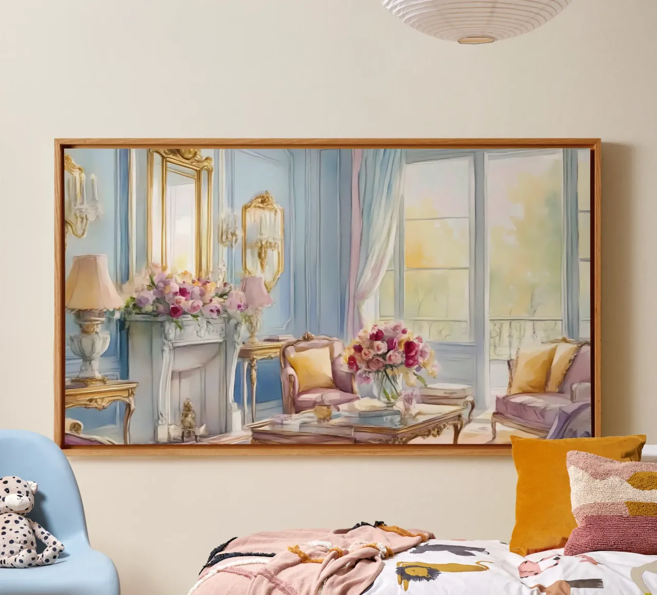Fascino da salone francese - Interno acquerellato blu e rosa tela con Cornice a cassetta da ClubArt