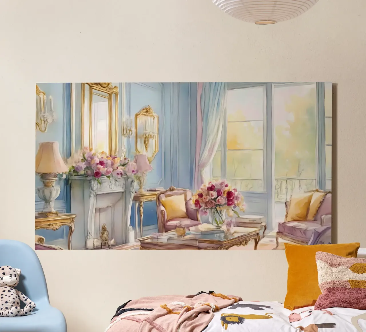 Fascino da salone francese - Interno acquerellato blu e rosa tela con Cornice a cassetta da ClubArt