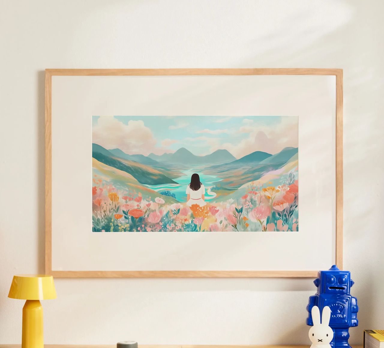 Serene Valley Dreamer - Pastell Berg & Fluss Kunst Poster von ClubArt