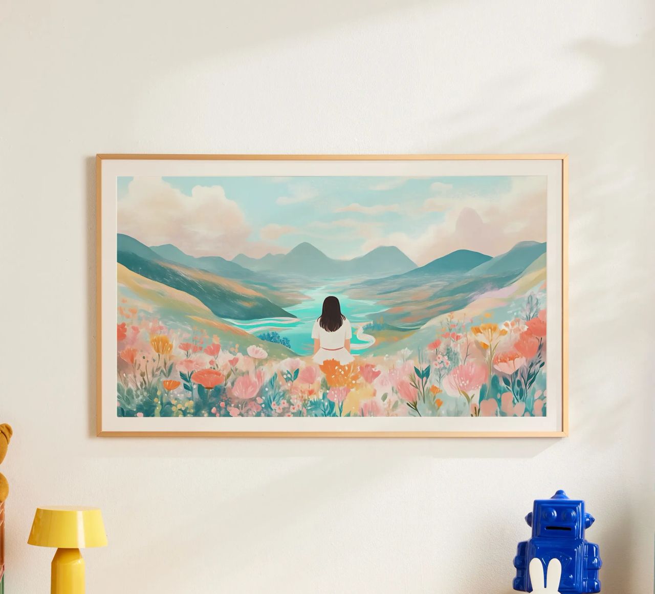 Serene Valley Dreamer - Pastell Berg & Fluss Kunst Poster von ClubArt