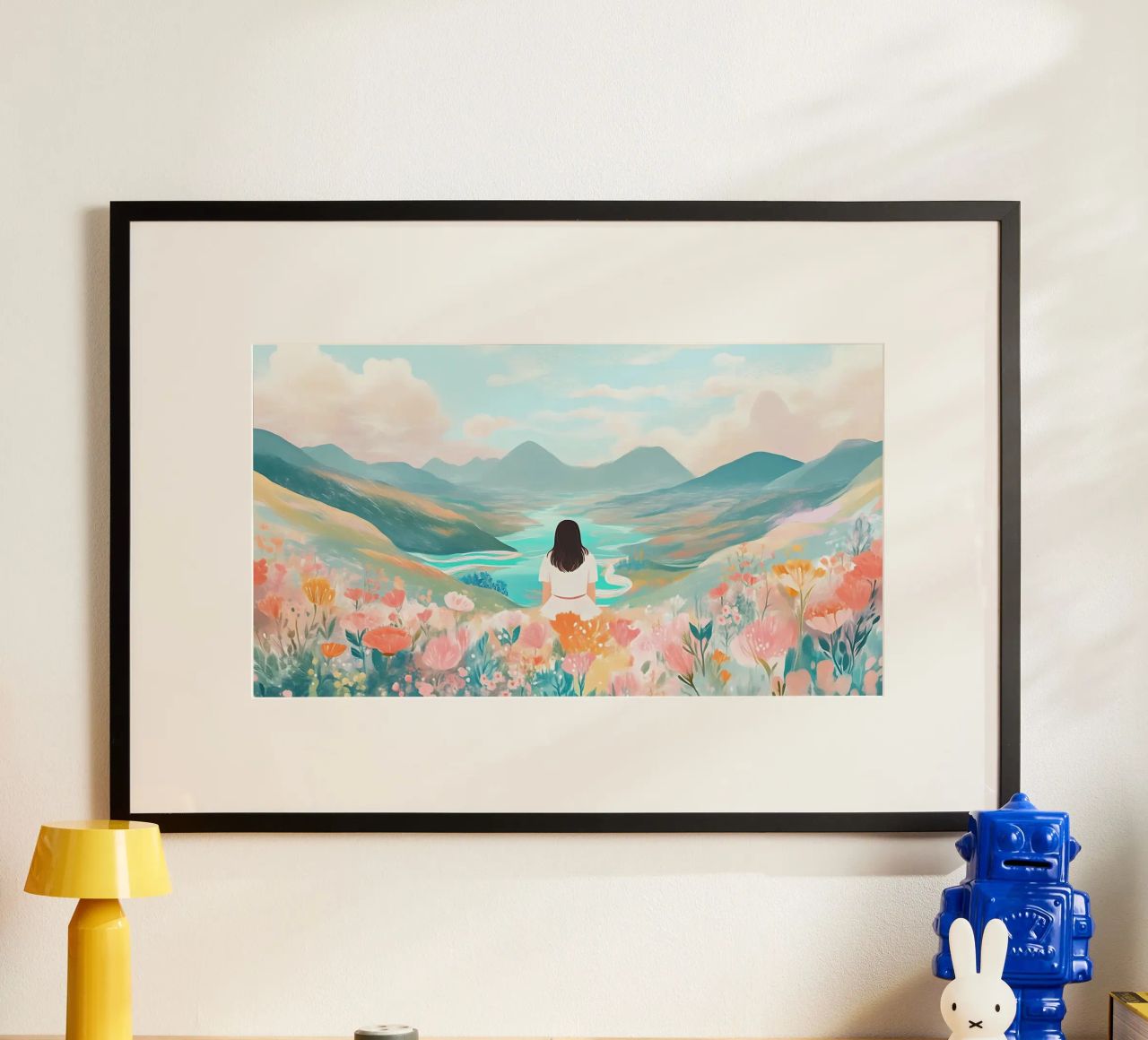 Serene Valley Dreamer - Pastell Berg & Fluss Kunst Poster von ClubArt