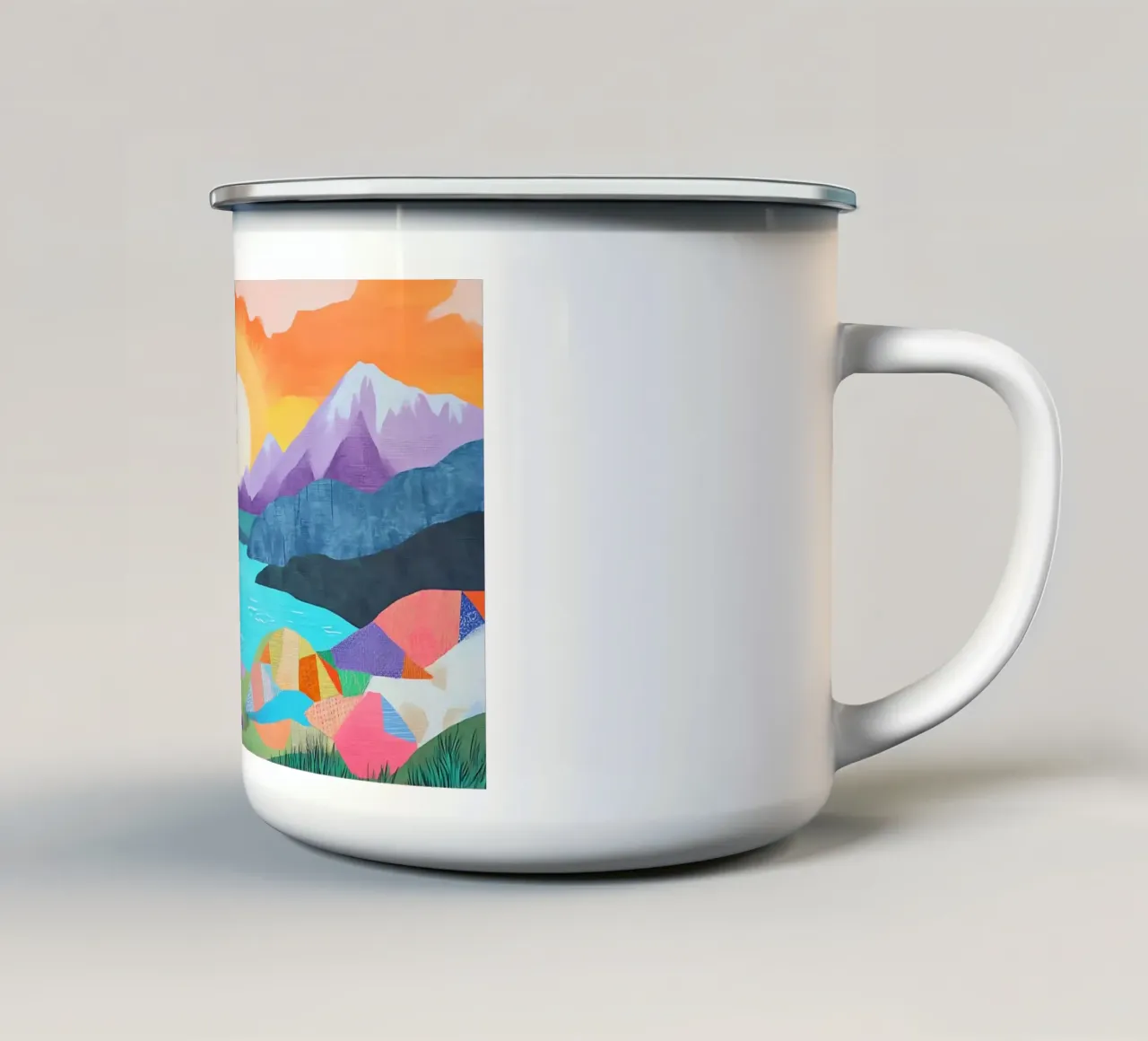 Abstract Sunset Lake - Vibrant Geometric Mountain Art enamel mug by ClubArt