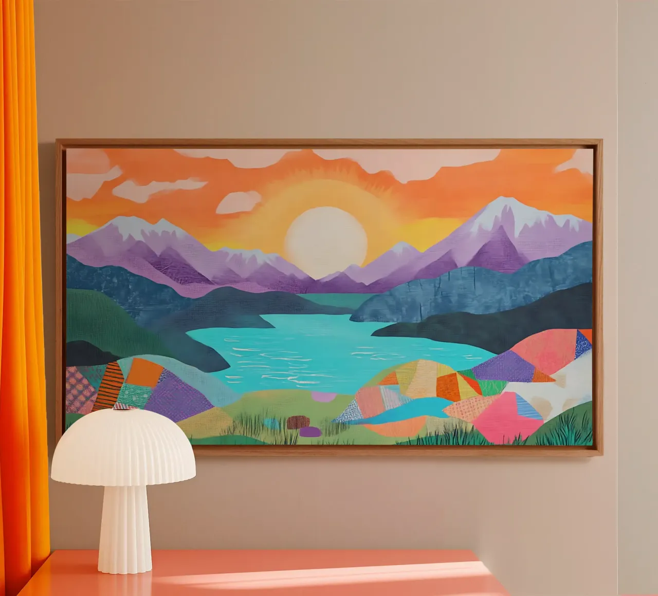 Abstract Zonsondergangmeer - Levendige Geometrische Bergkunst canvas met Baklijst van ClubArt