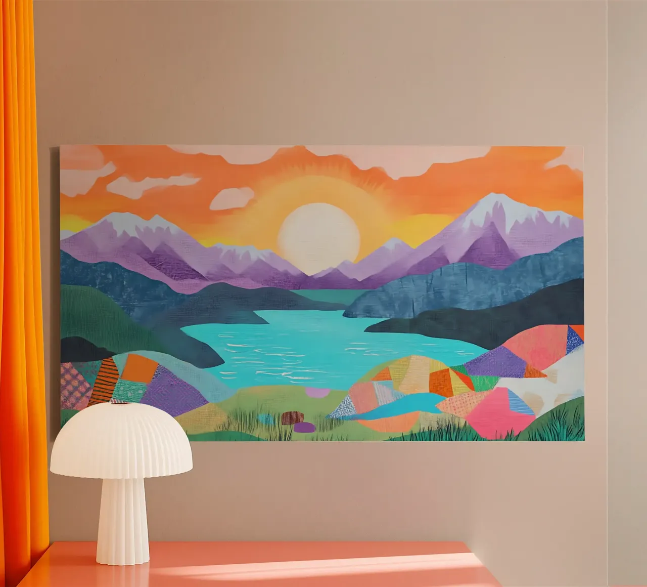 Abstract Zonsondergangmeer - Levendige Geometrische Bergkunst canvas met Baklijst van ClubArt