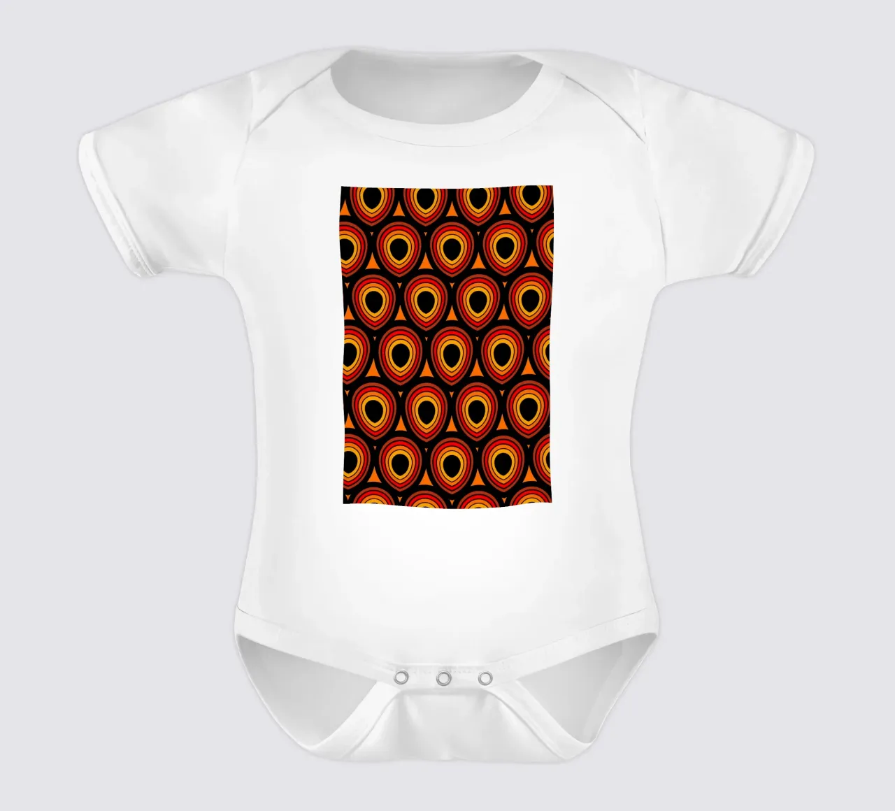Boho Peacock Orange Black short-sleeve baby romper by SilverPegasus