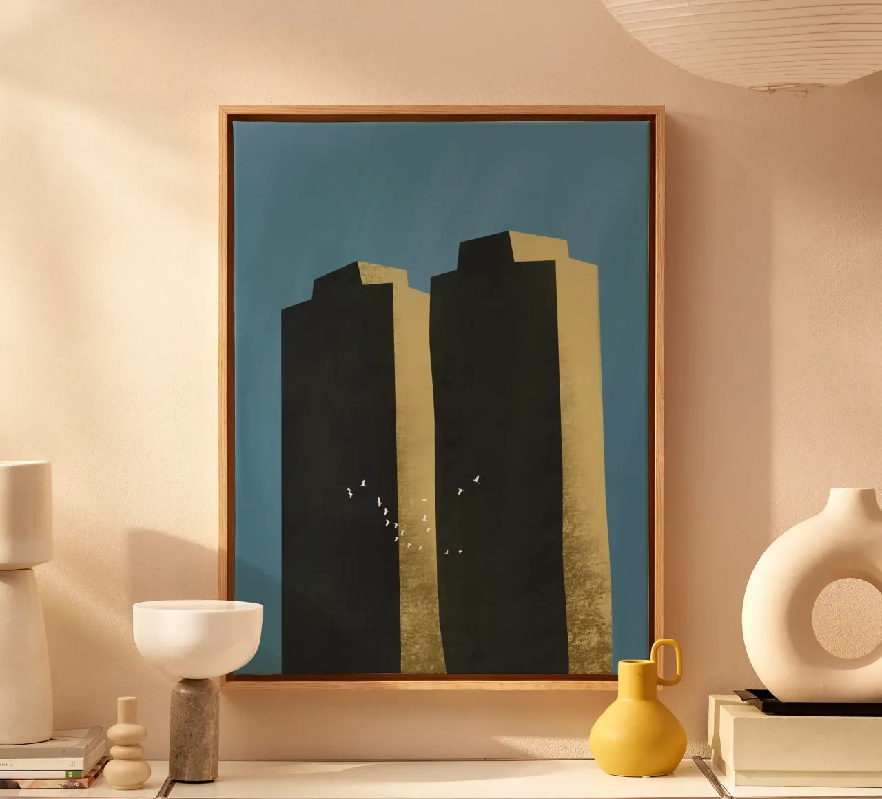 Concrete jungle migrating flock canvas with Floater frame by Little Dean