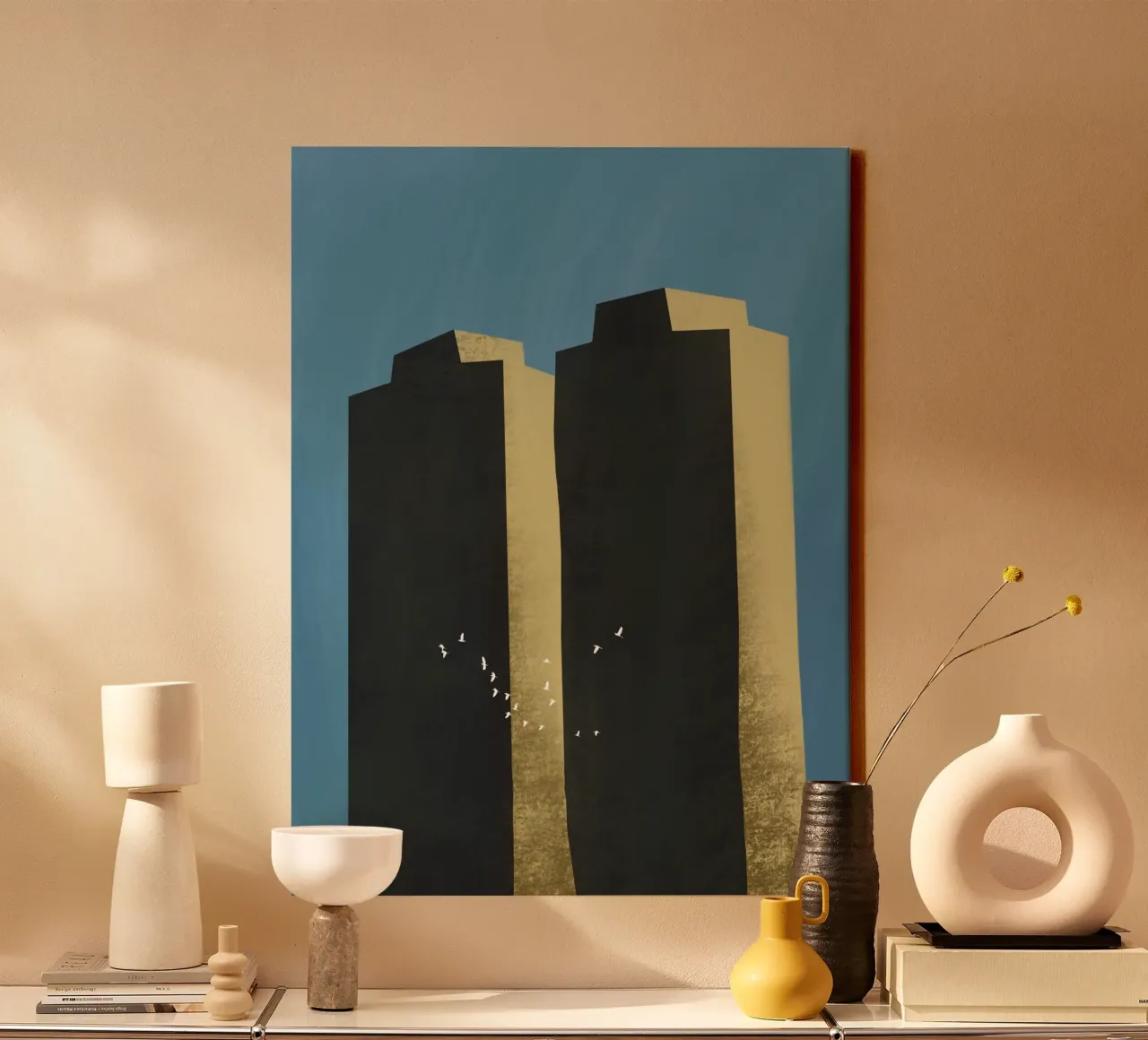 Concrete jungle migrating flock canvas with Floater frame by Little Dean
