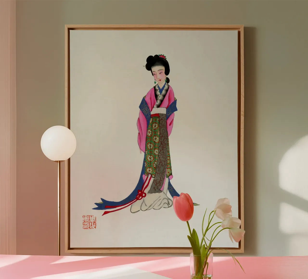 Tang Dynastie Dame Vintage Chinoiserie Kunst Poster canvas met Baklijst van ClubArt