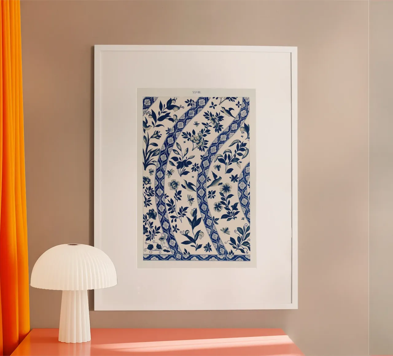 Vintage cinese Delft Blue Floral & Bird Pattern Art poster con telaio in plastica da ClubArt