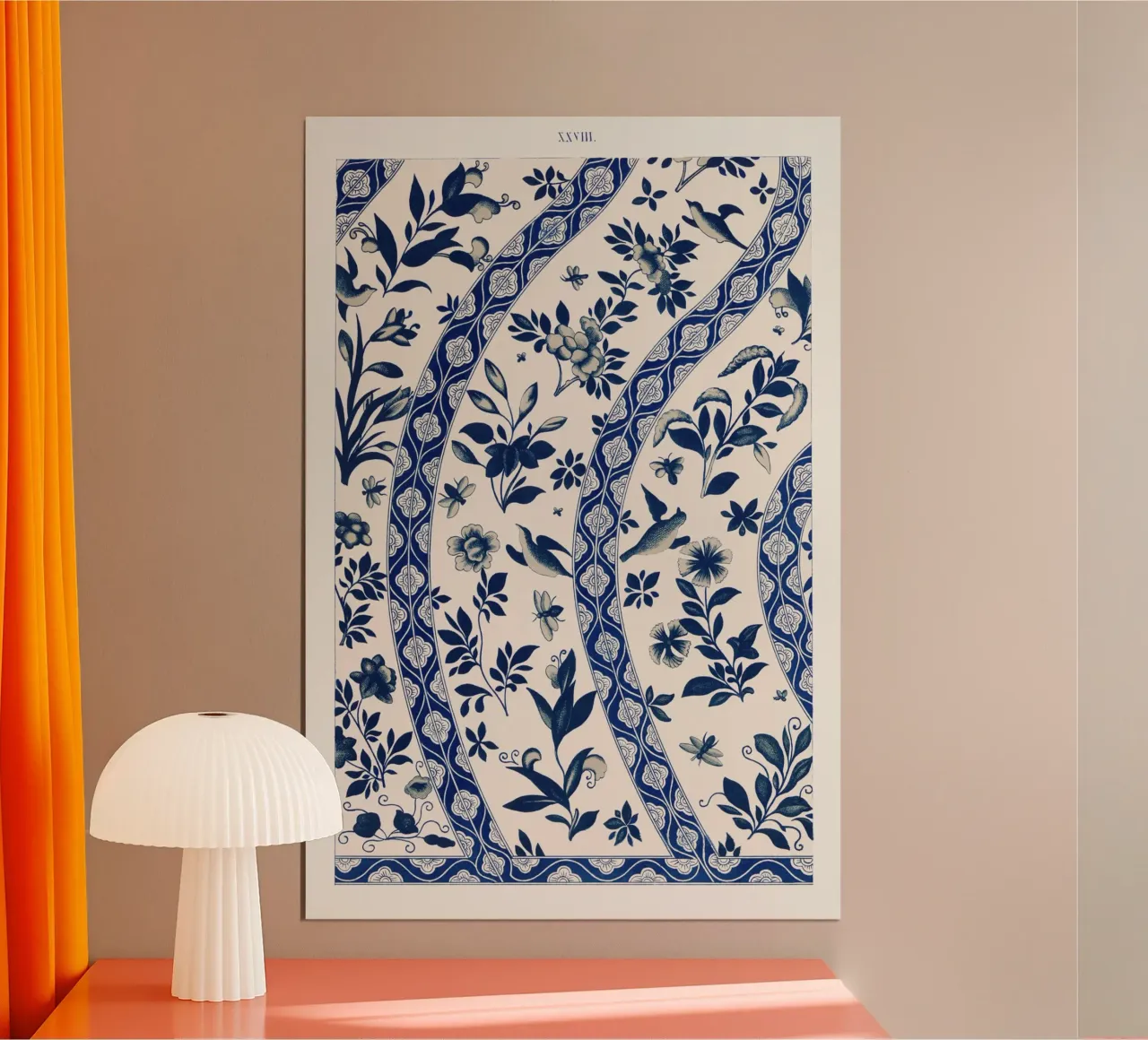 Vintage cinese Delft Blue Floral & Bird Pattern Art poster con telaio in plastica da ClubArt