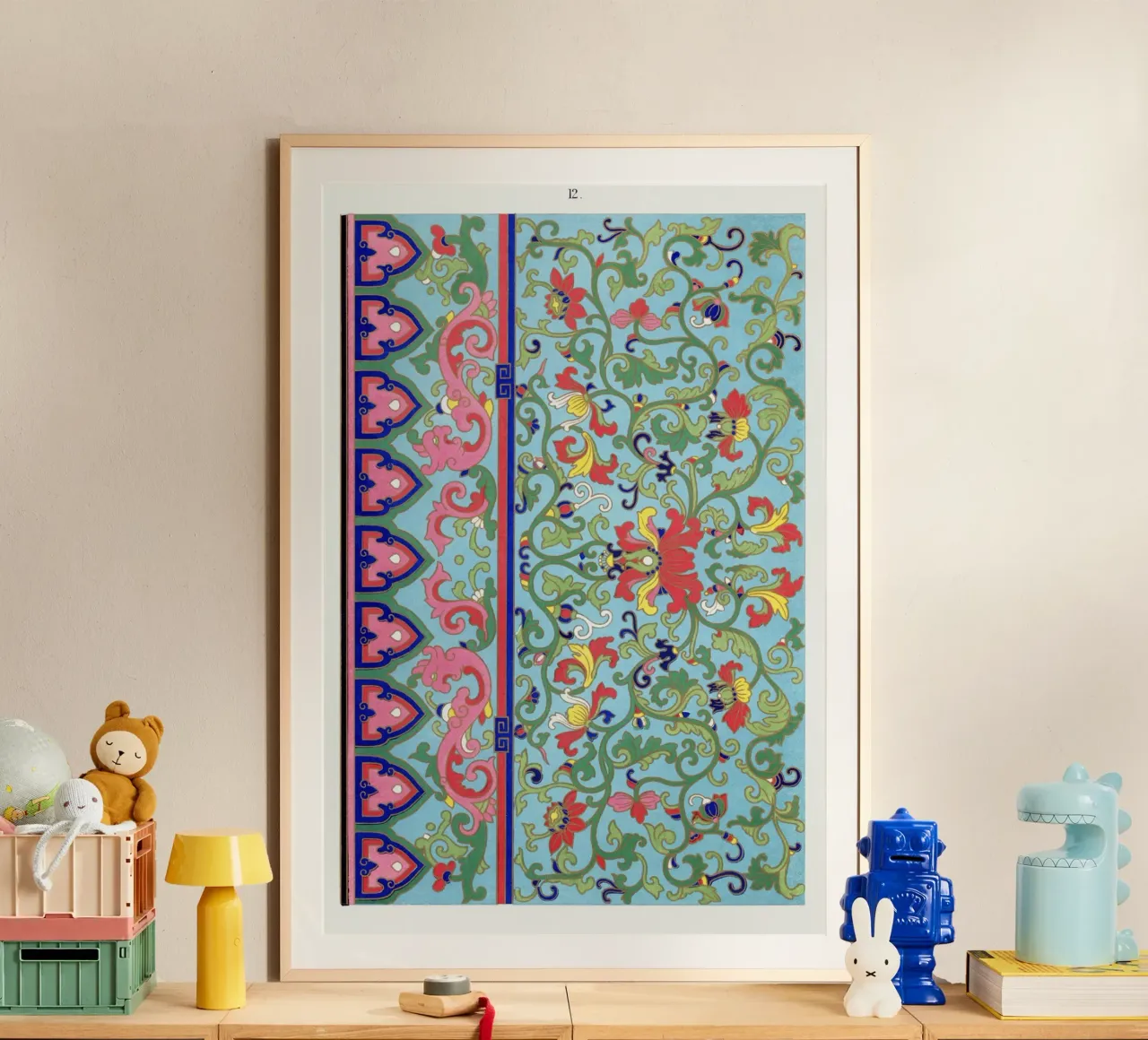 Vibrant Chinese Botanical Pattern - Turquoise & Pink Art poster by ClubArt