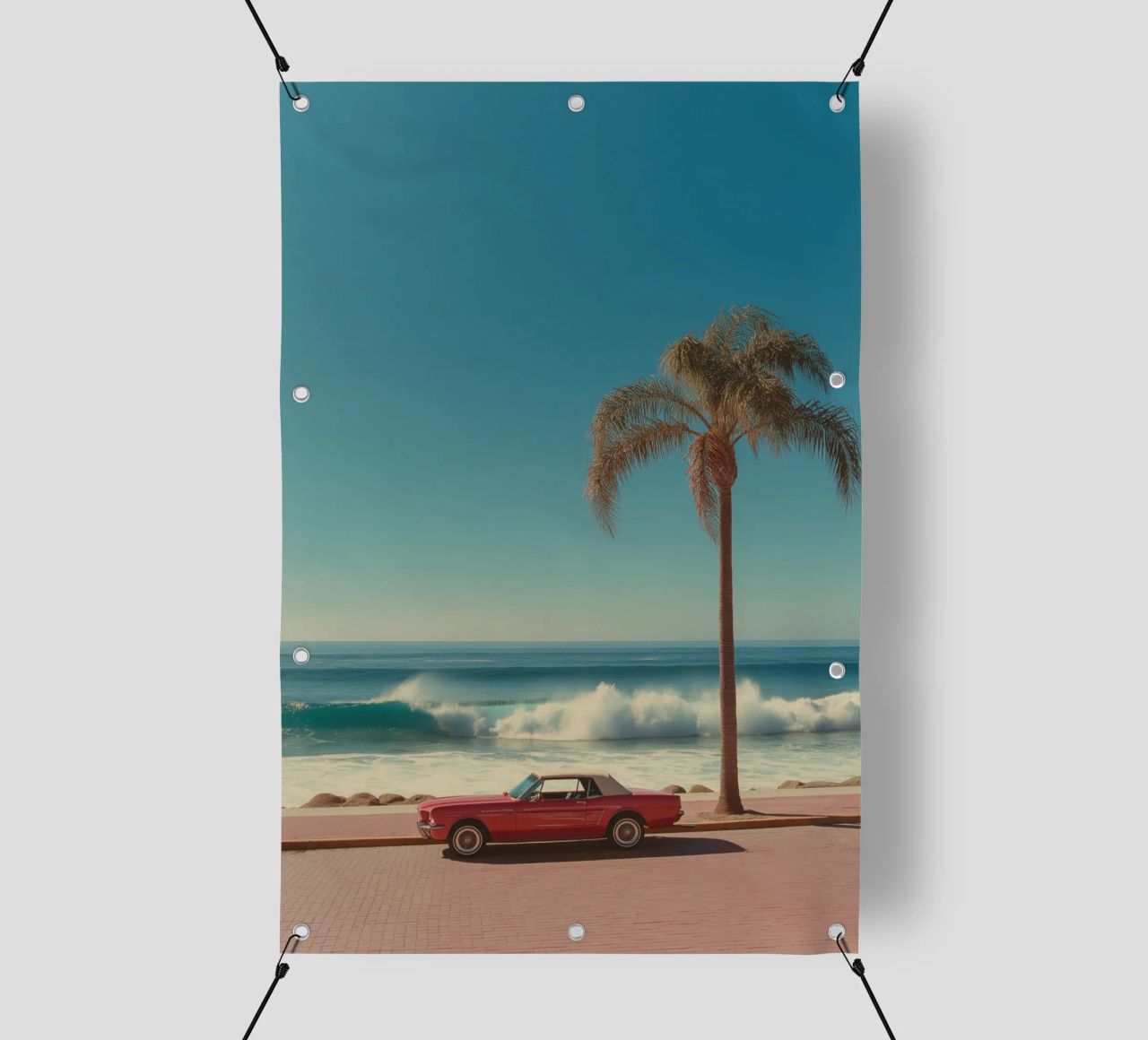 Scena di spiaggia con auto rossa e palma telo in pvc da Indigo Tides Art