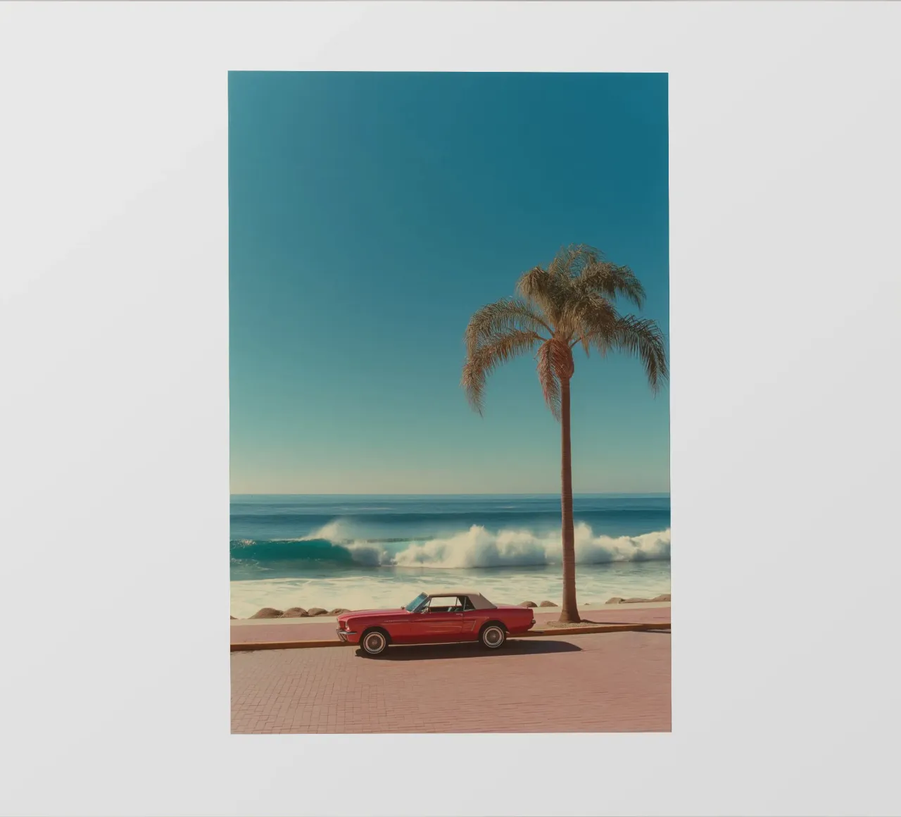 Escena de playa con coche rojo y palmera lonas publicitarias de Indigo Tides Art